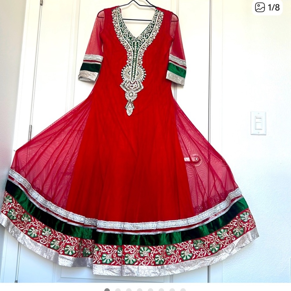 Indiana Glass Red and Green Embroidered Dress